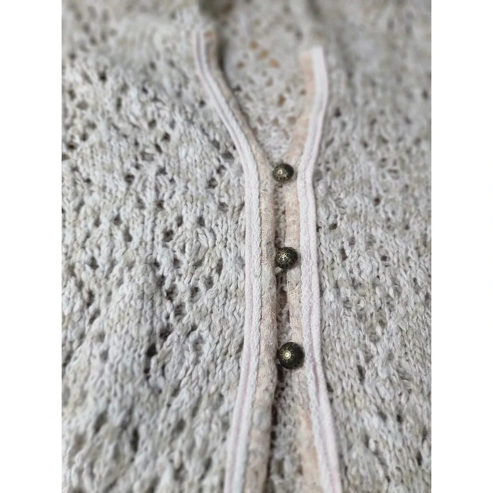 ♡Free People Womens Beige Pointelle Knit Hooded Cardigan Long Sweater XS
